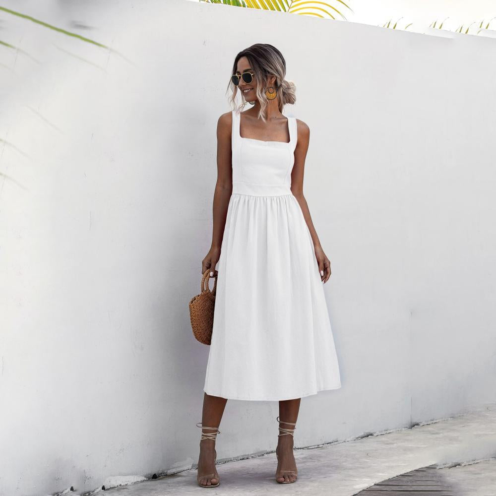 Square Neck Midi Dress | Sleeveless Smocked Back Fit | Casual Summer Daywear
