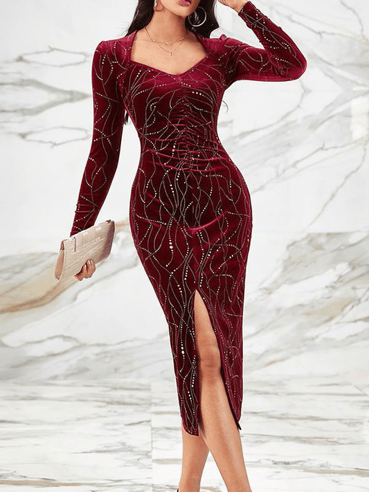 Elegant Velvet Bodycon Dress | Glitter Detail | Slit Hem | Evening Wear
