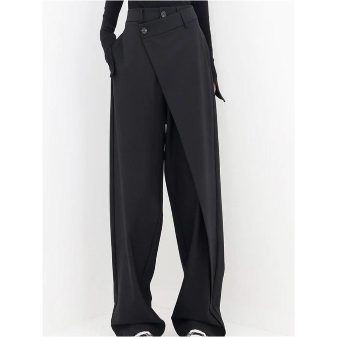 Asymmetrical Wide-Leg Trousers | Overlap Front Detail | Tailored Street Style