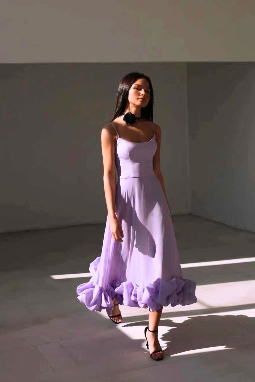 Ruffle-Hem Midi Dress | Spaghetti Straps & Fitted Bodice | Sky Blue Formal Look