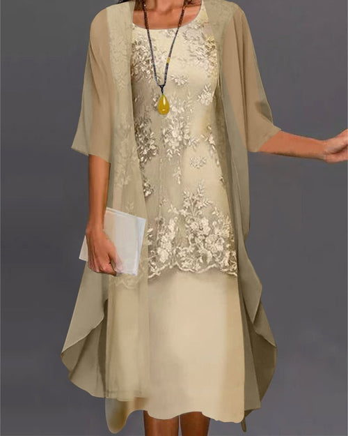 Embroidered Midi Dress with Sheer Cape | 2-Piece Set | Elegant Occasionwear