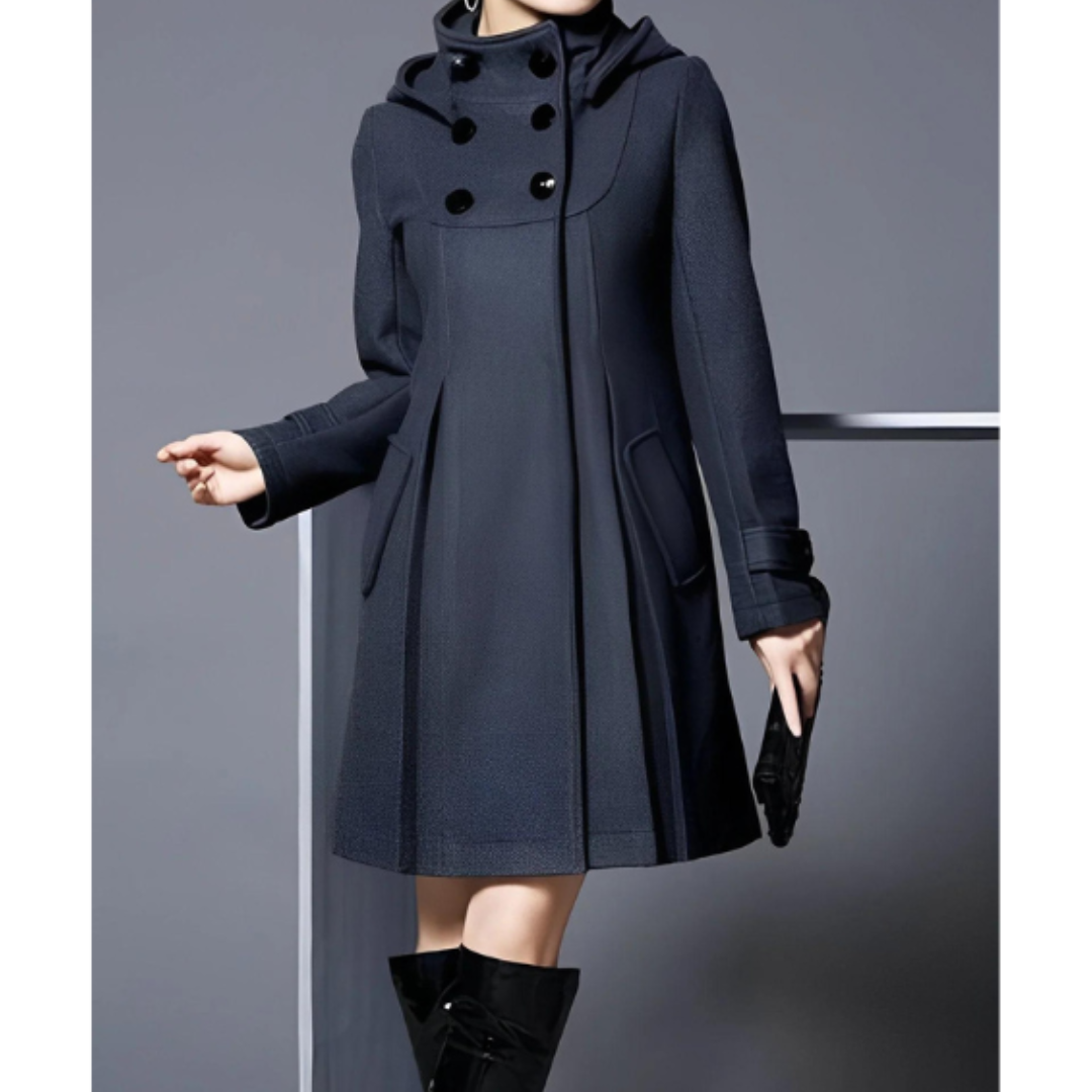 Women’s Wool Blend Hooded Coat | Double-Breasted A-Line Jacket | Elegant Mid-Length Outerwear