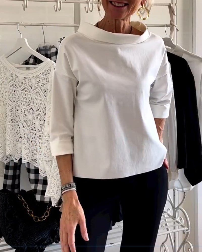 Wide Collar Knit Top | 3/4 Sleeve | Minimalist Silhouette