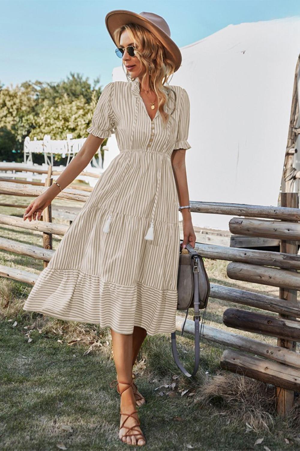 Striped Boho Midi Dress | Tassel Tie Neckline | Short Puff Sleeves