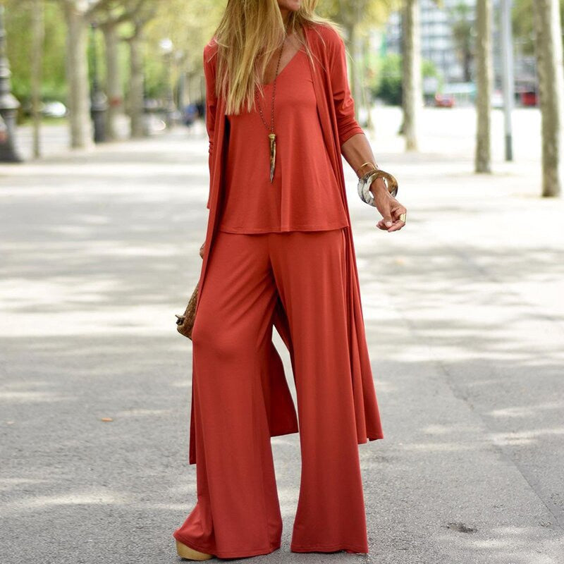 Women's 3-Piece Lounge Set | Long Duster Cardigan | Relaxed Wide-Leg Pants Outfit