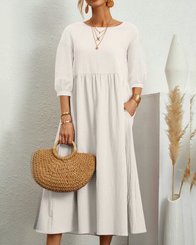 Cotton Blend Midi Dress | 3/4 Sleeve | Relaxed Waist with Pockets