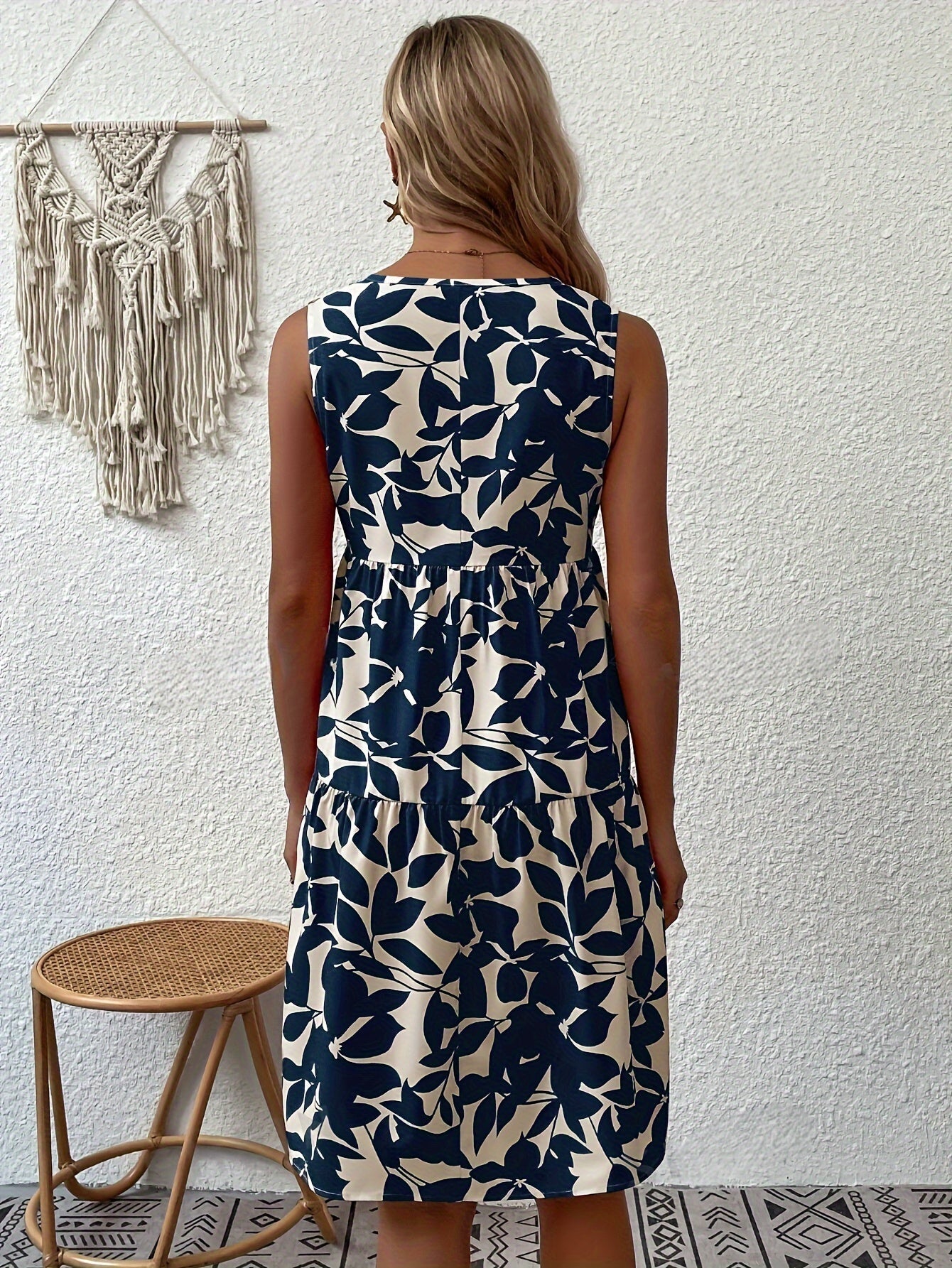 Sleeveless V-Neck Sundress | Tiered A-Line Fit | Navy & Cream Bold Print