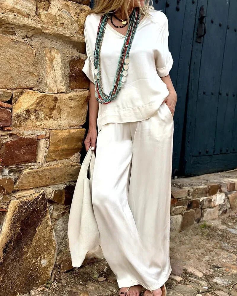 Wide-Leg Satin Lounge Set | V-Neck Top & Relaxed Trousers | Effortless Day-to-Night Look