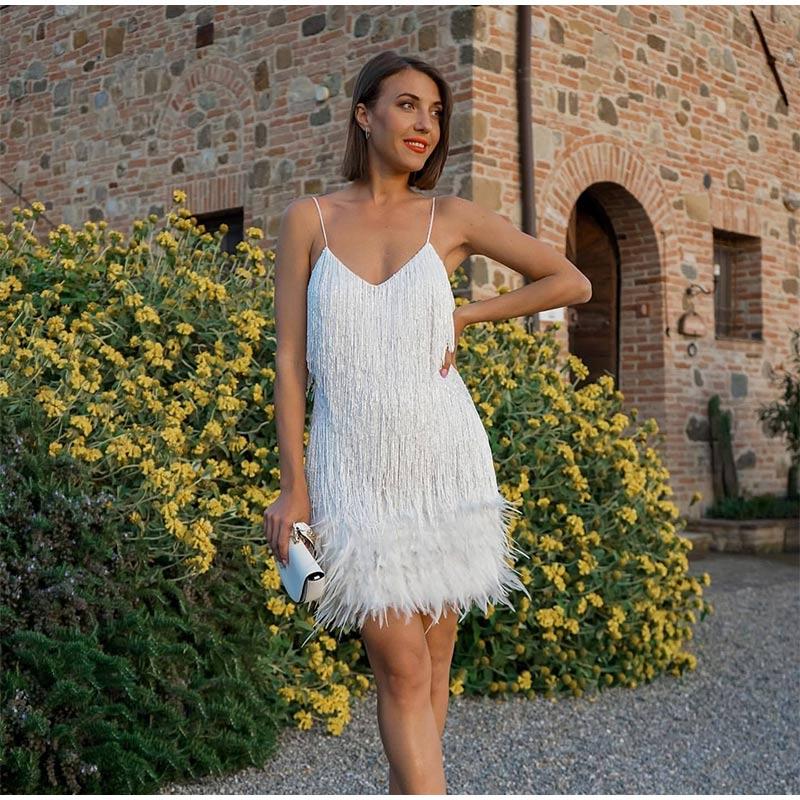 Women's Sequin Feather Mini Dress | Spaghetti Strap Party Dress | Glam Night Out Outfit
