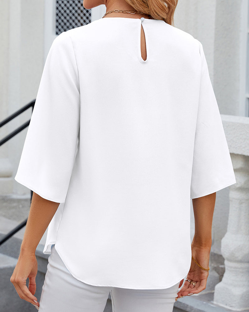 Women's Pleated Round Neck Blouse | Split Sleeve Top | Elegant Workwear Canada