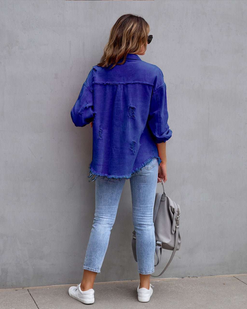 Distressed Denim Shacket | Casual Oversized Fit | Button-Up Style | Trendy Layering