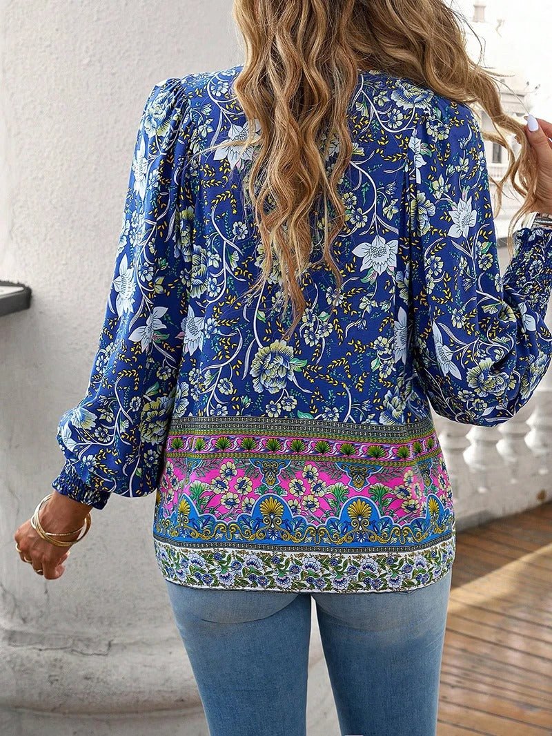 Boho Floral Peasant Blouse | Lightweight Rayon | Tie Neck Detail
