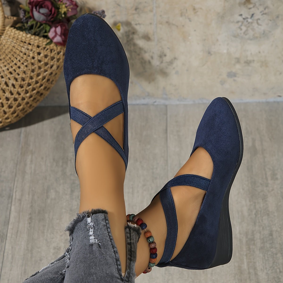 Cross-Strap Wedge Flats | Suede-Look Upper | Cushioned Hidden Heel