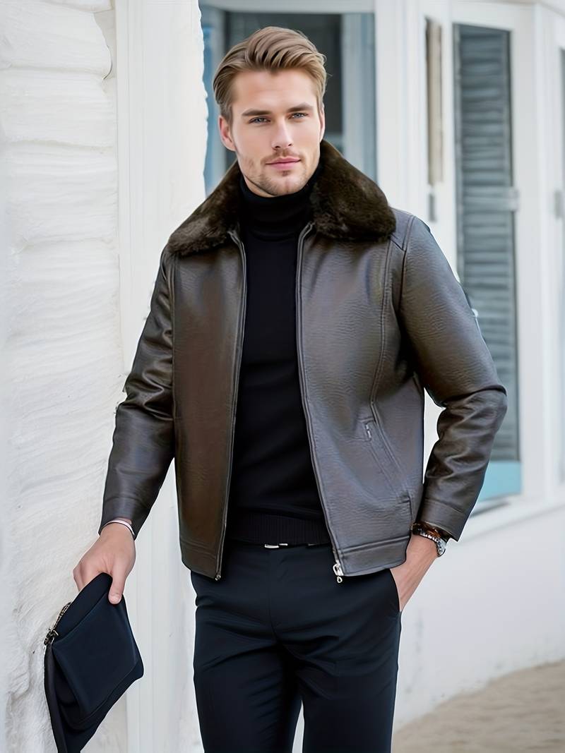 Men's Leather Jacket | Luxe Faux Fur Collar | Genuine Leather | Winter Warmth