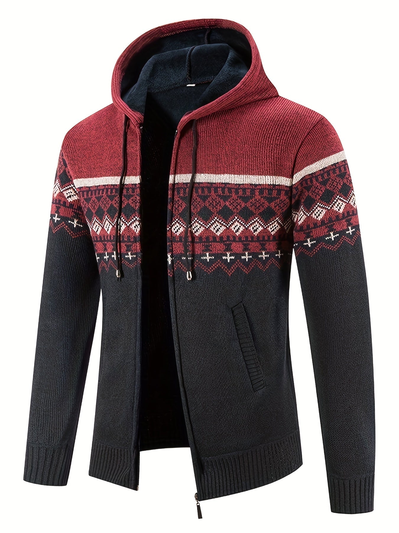 Men’s Zip-Front Knit Hoodie Jacket | Nordic Pattern | Casual Cold-Weather Layer