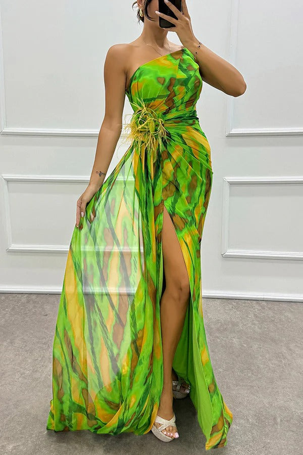 Watercolour Chiffon Gown dress | One-Shoulder Design & Side Slit | Bold Abstract Print