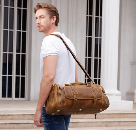 Men’s Leather Duffle Bag | Travel Weekender with Shoulder Strap