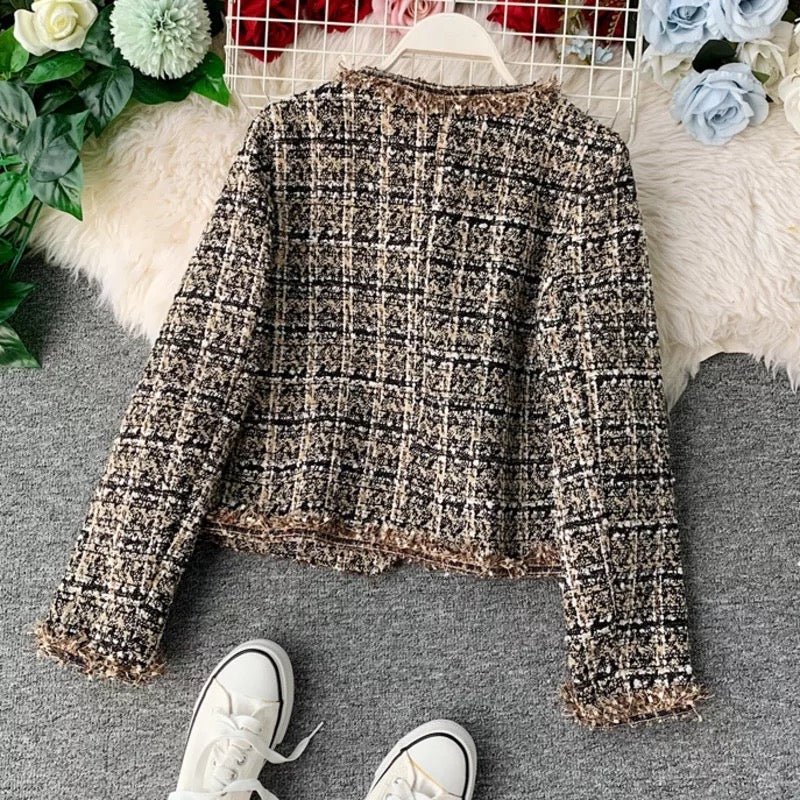 Cropped Tweed Jacket | Gold Button Accents | Classic Elegance | Sophisticated Layering
