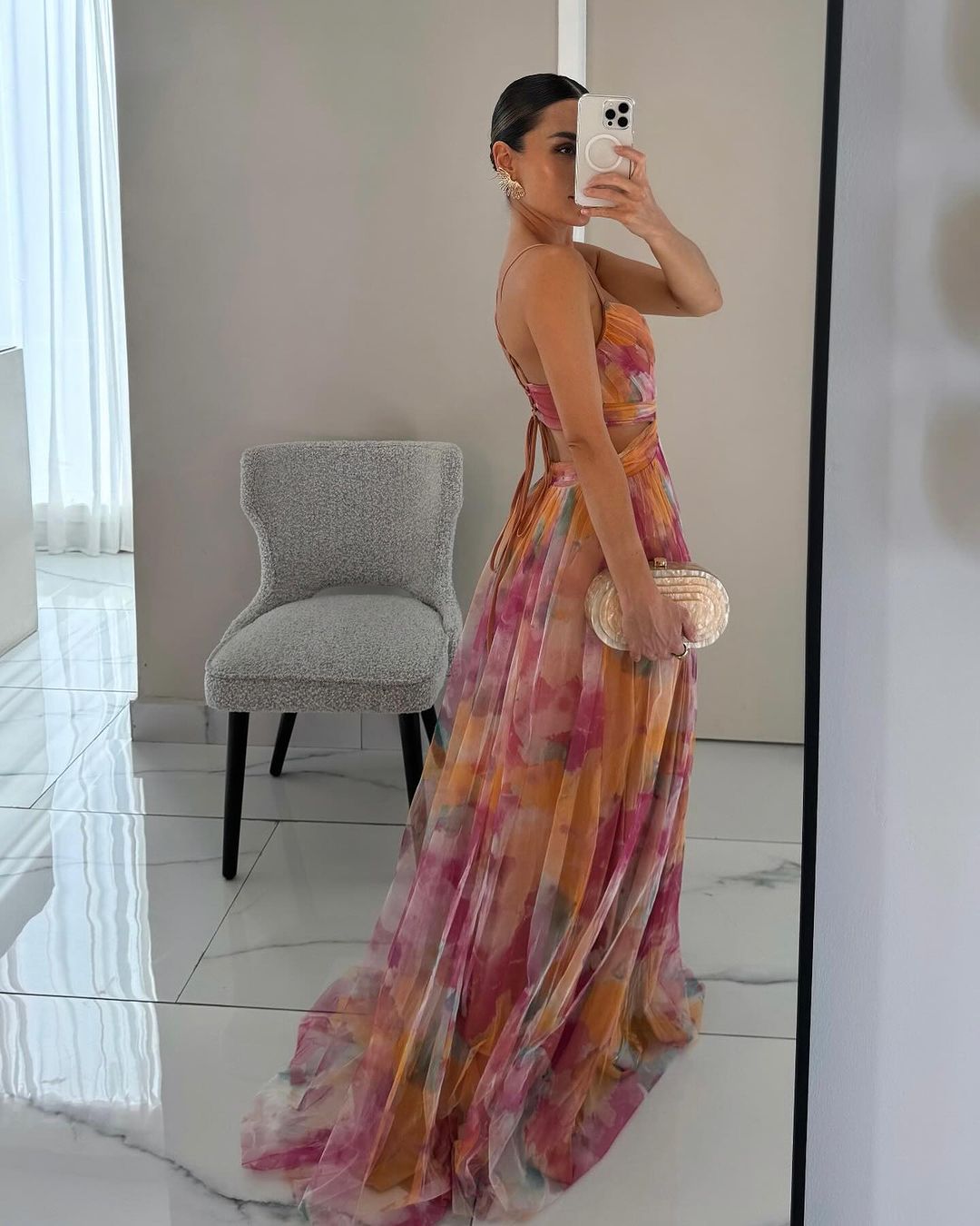 Backless Chiffon Gown | Watercolour Print Maxi Dress | Tie-Back Evening Silhouette