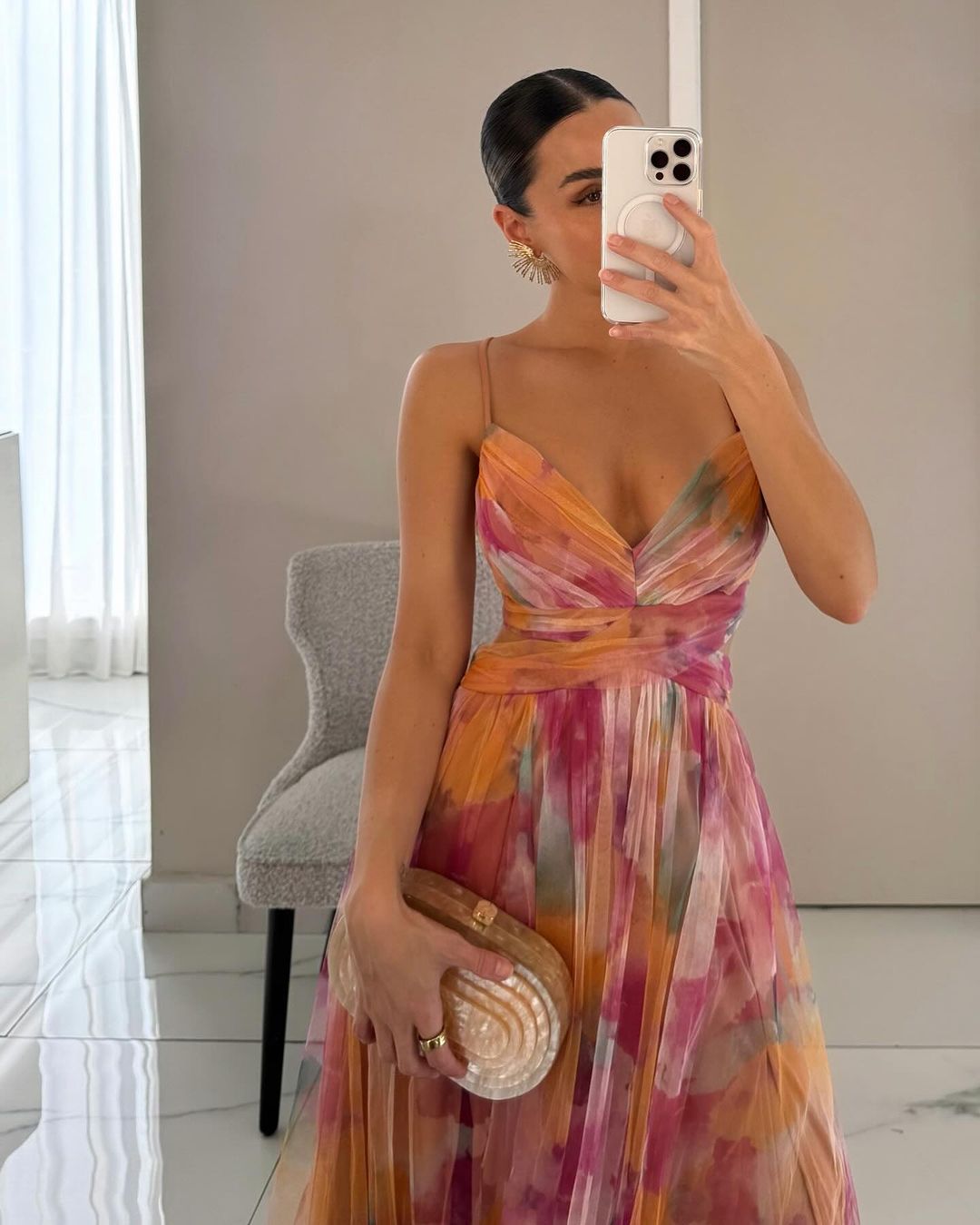 Backless Chiffon Gown | Watercolour Print Maxi Dress | Tie-Back Evening Silhouette