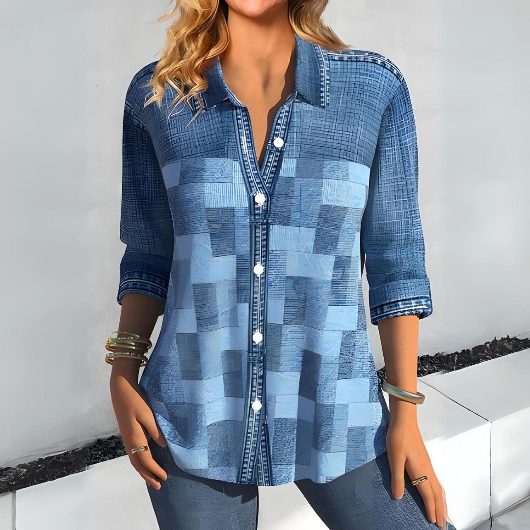 Textured Patchwork Button-Down Shirt | 3/4 Sleeve Casual Blouse | Relaxed Fit