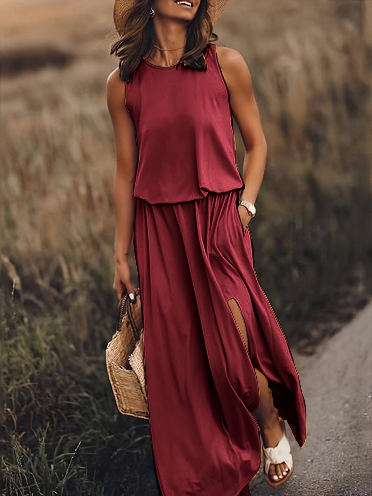 Sleeveless Ruffle Maxi Dress | Split Skirt | Boho Summer Silhouette
