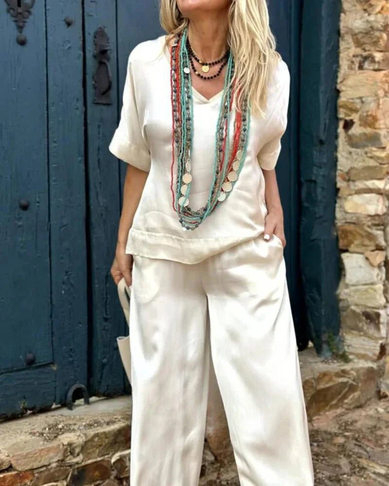 Wide-Leg Satin Lounge Set | V-Neck Top & Relaxed Trousers | Effortless Day-to-Night Look