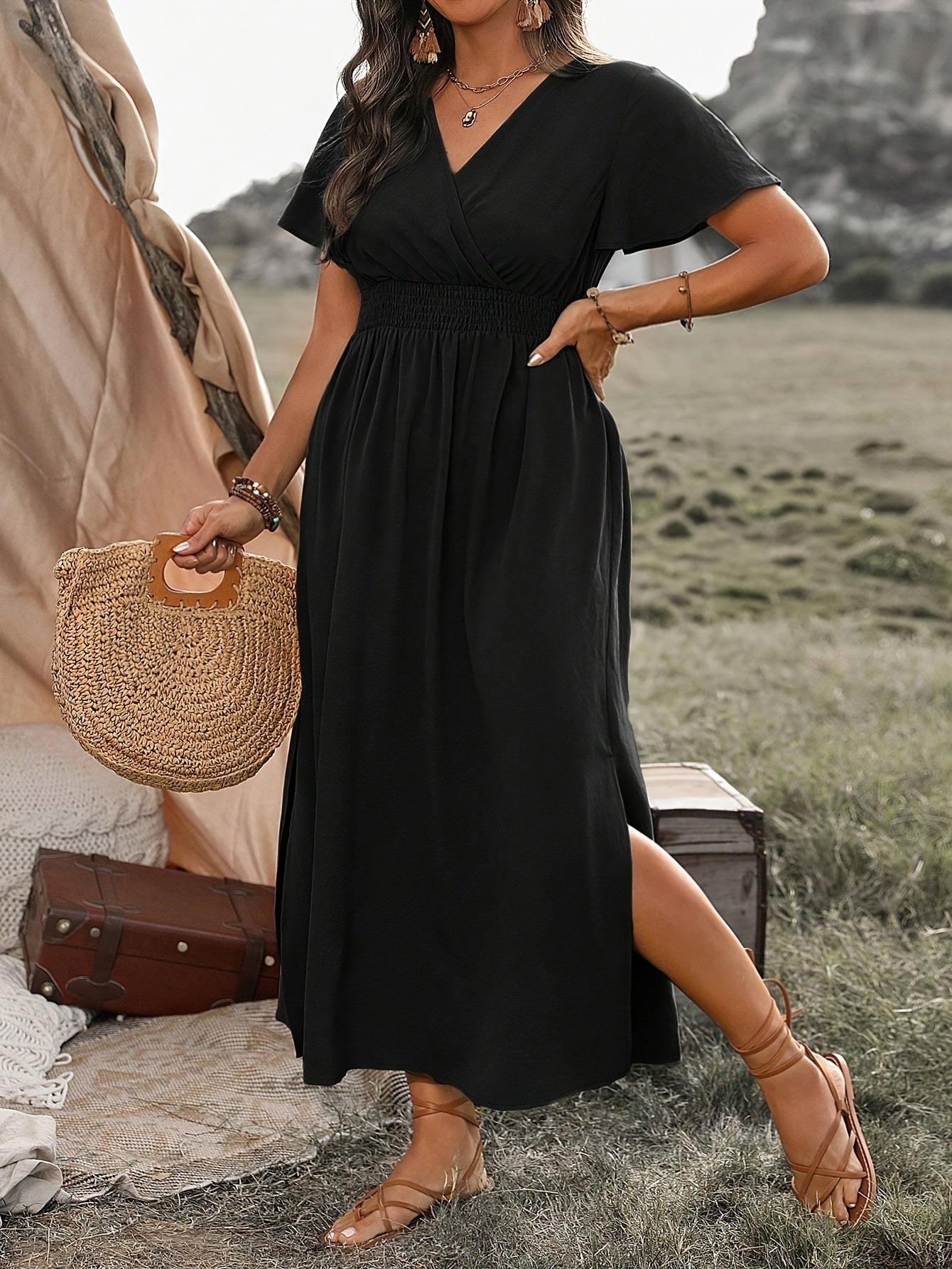 Flutter Sleeve Maxi Dress | Smocked Waist | Side Slit Boho Style