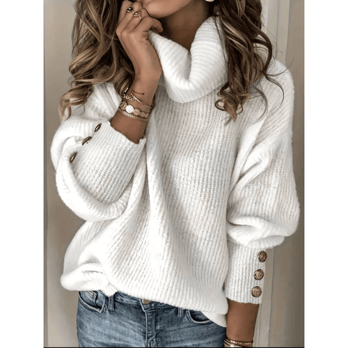 Chunky Knit Cowl Neck Sweater | Button Sleeve Detail | Soft Winter Layer
