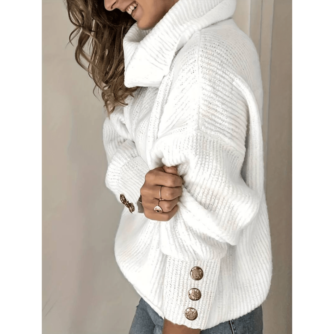 Chunky Knit Cowl Neck Sweater | Button Sleeve Detail | Soft Winter Layer