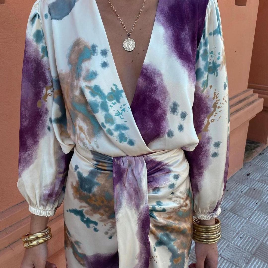 Satin Wrap Midi Dress | Watercolour Print with Waist Tie | Elegant Evening Look