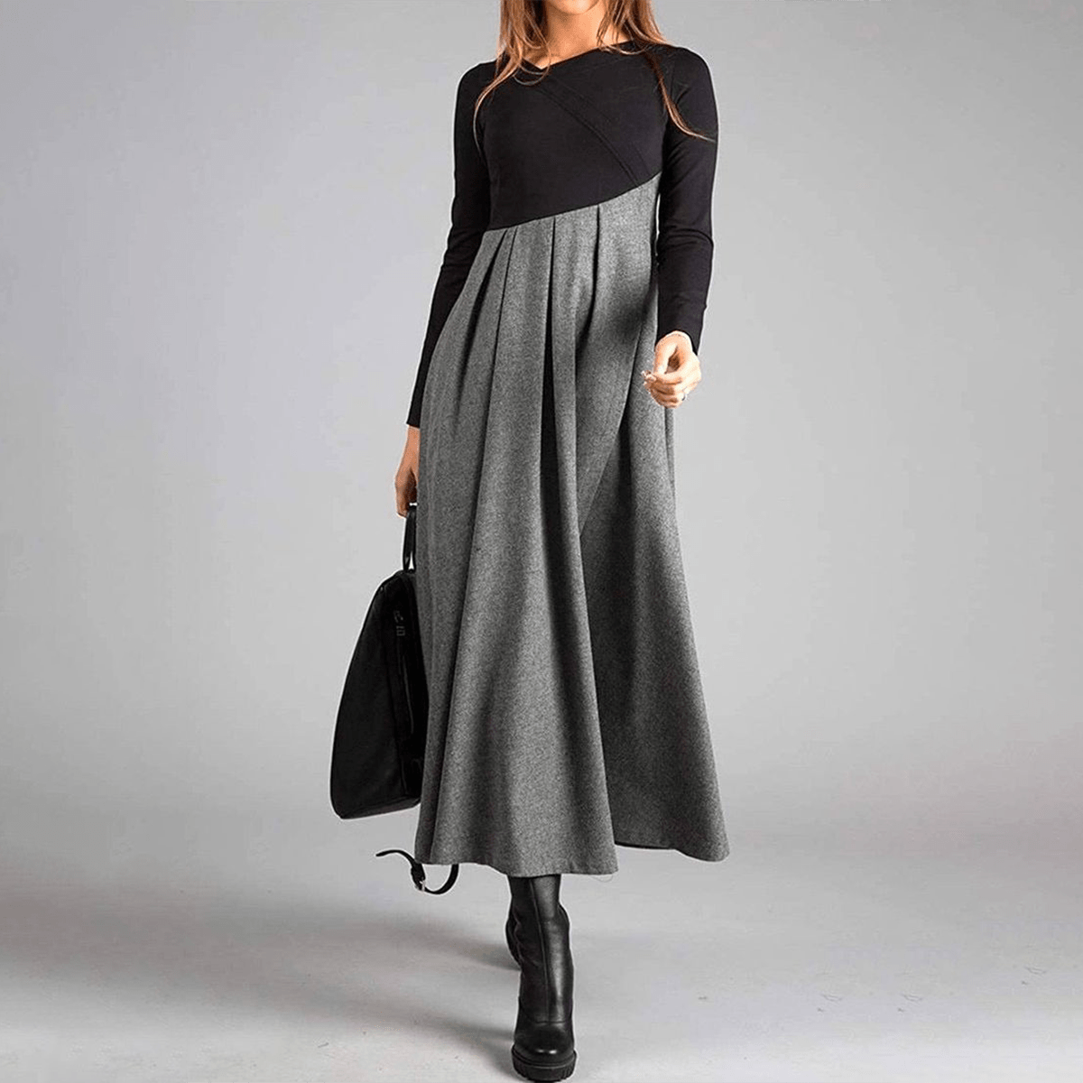 Colourblock Knit and Woven Maxi Dress | Long Sleeve | Asymmetric Pleated Skirt