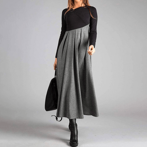 Colourblock Knit and Woven Maxi Dress | Long Sleeve | Asymmetric Pleated Skirt