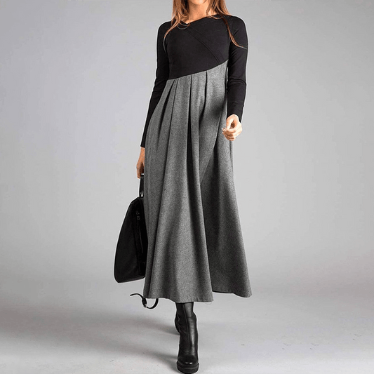 Colourblock Knit and Woven Maxi Dress | Long Sleeve | Asymmetric Pleated Skirt