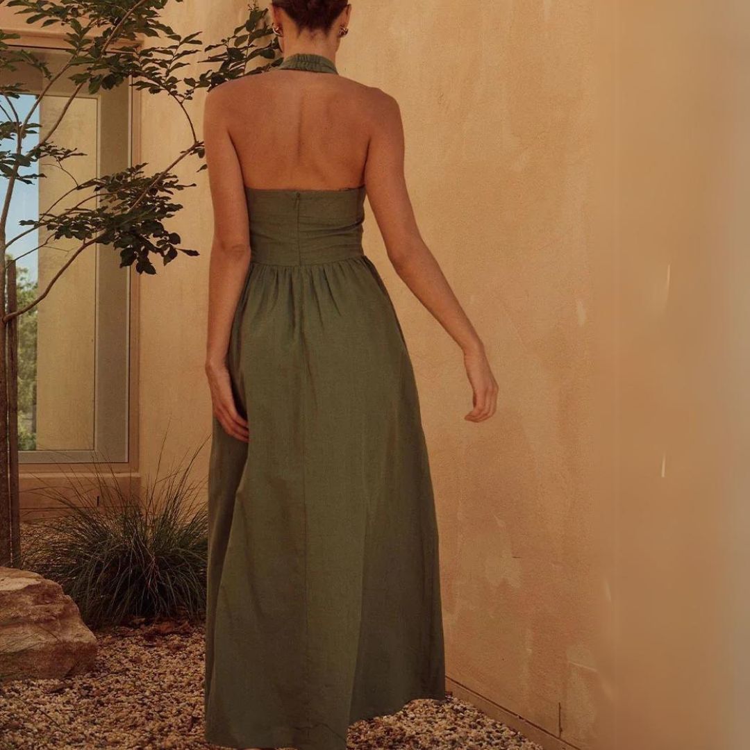 Halter Midi Sundress | Fitted Bodice with Pockets | Lightweight Summer Linen Blend