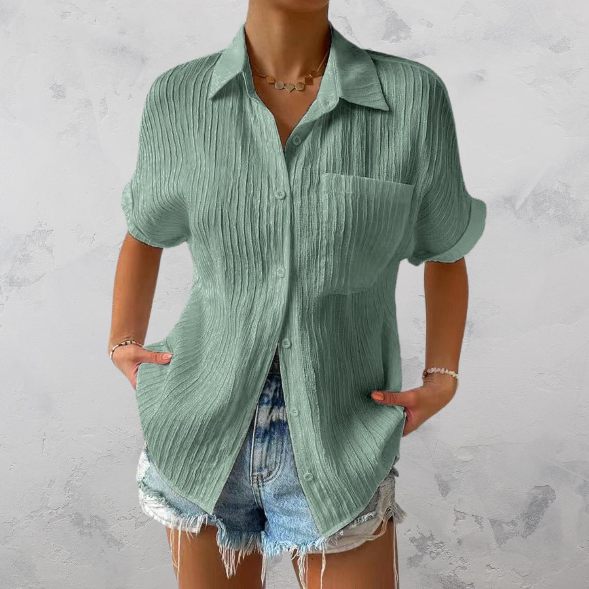 Women’s Crinkle Button-Up Shirt | Short Sleeve Summer Top | Lightweight Relaxed Fit