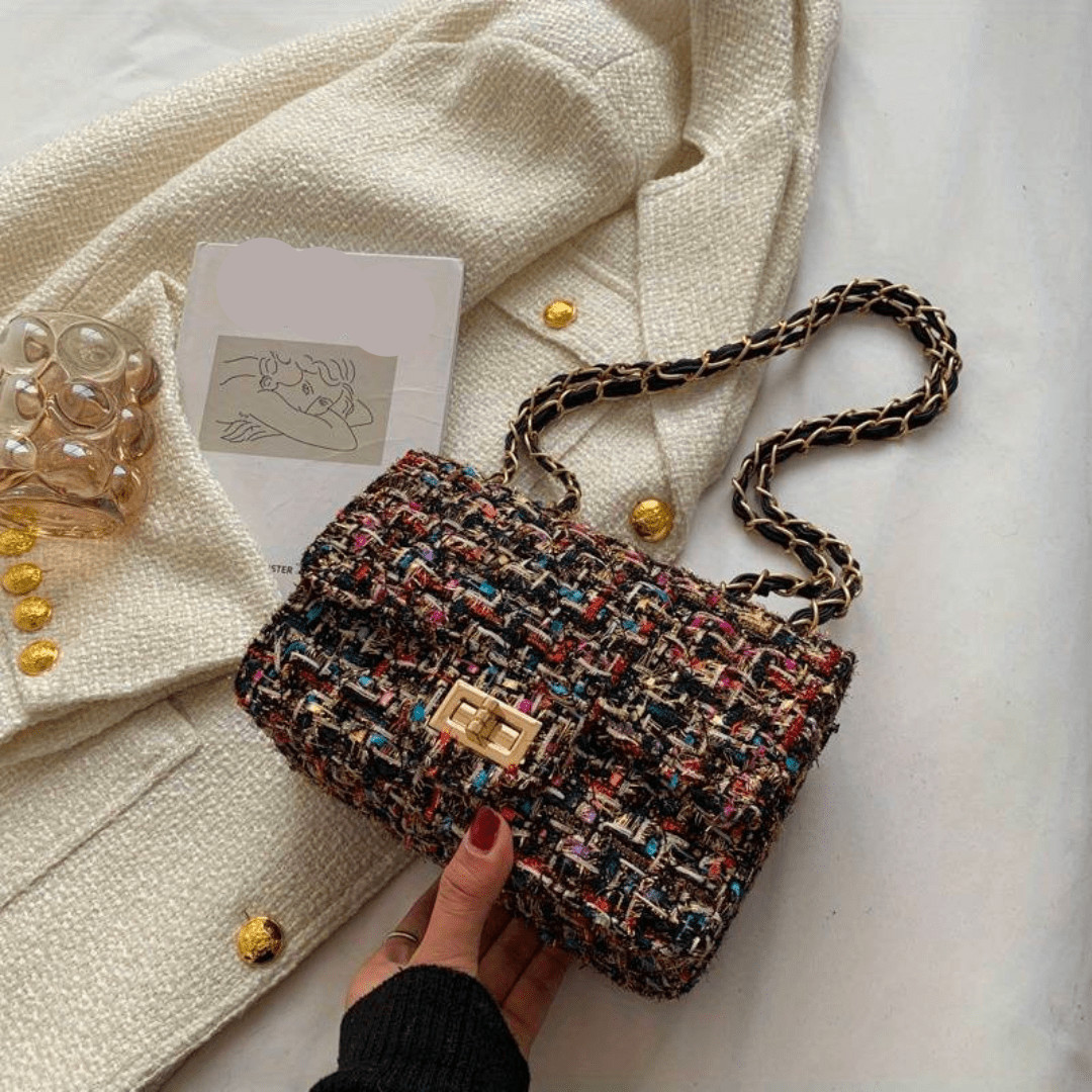 Mini Tweed Crossbody Bag | Gold Chain Strap | Textured Finish