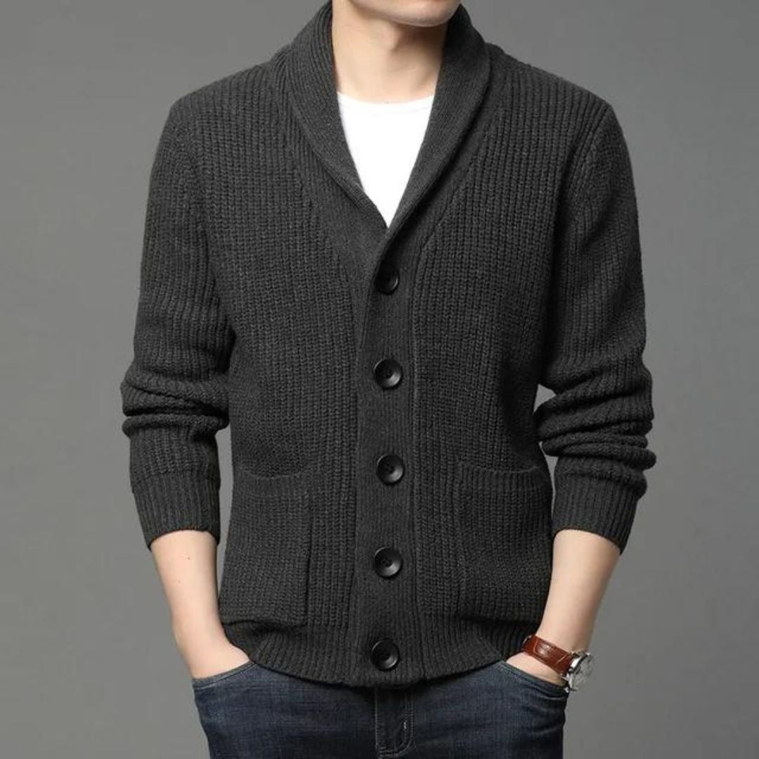 Men’s Shawl Collar Cardigan | Chunky Knit Sweater | Classic Button-Up Layer