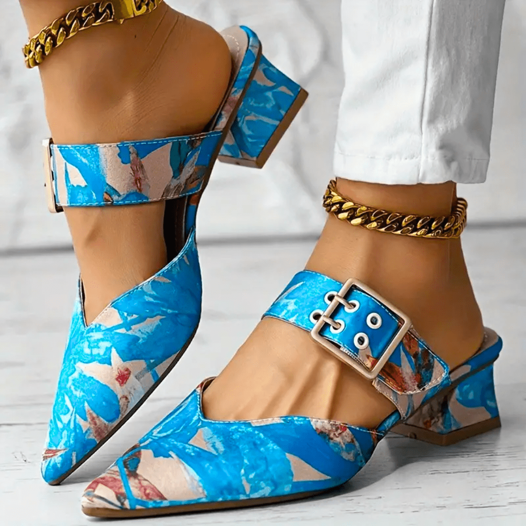 Pointed Buckle Strap Shoes | Bold Block Heel with Vibrant Floral Print