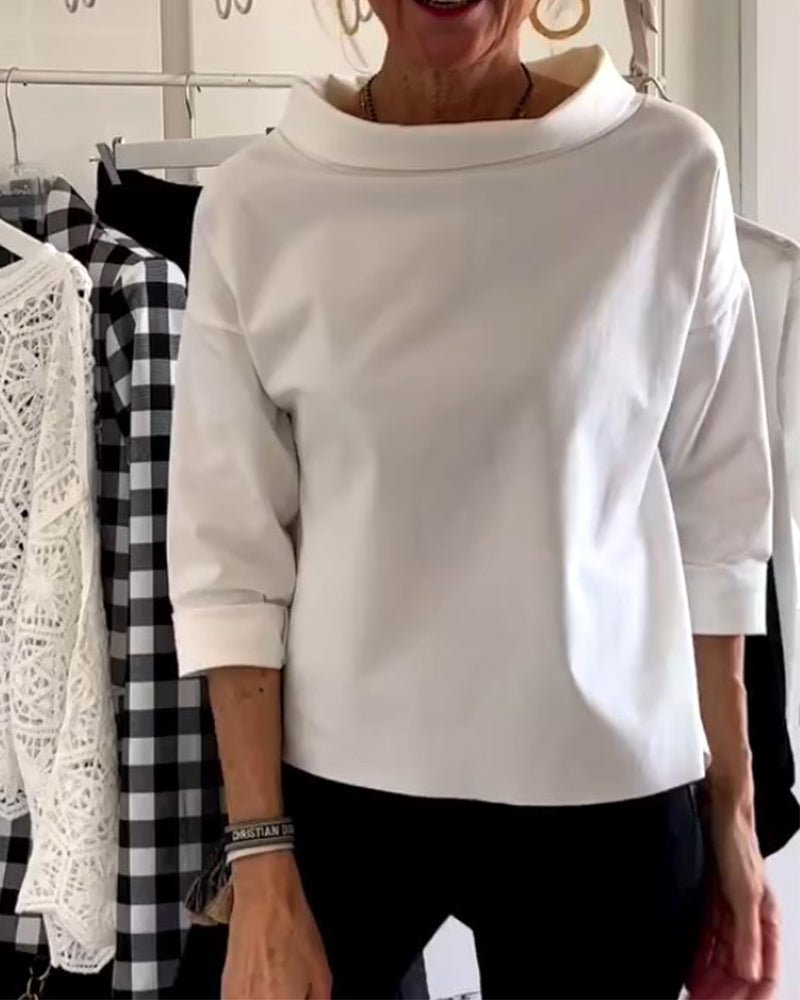 Wide Collar Knit Top | 3/4 Sleeve | Minimalist Silhouette