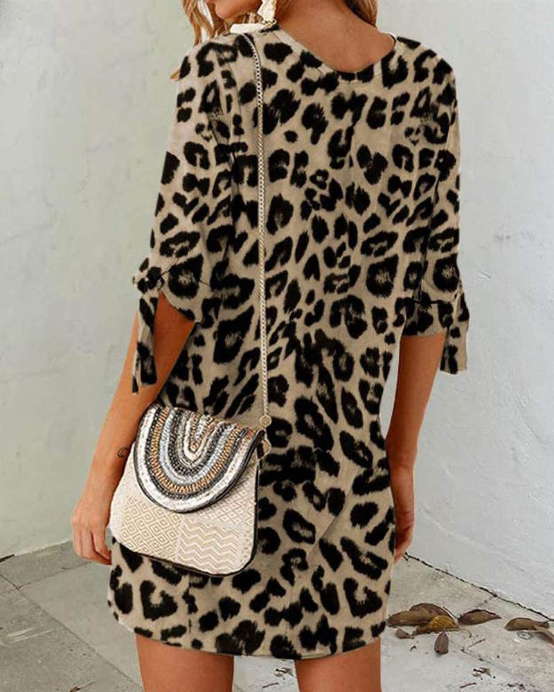 Women’s Leopard Print Mini Dress | Short Sleeve Tie Detail | Casual Animal Print Tunic