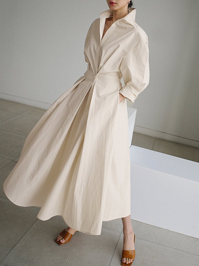 Structured Shirt Dress | Waist Pleat Detail & Midi Hem | Crisp Cotton Blend