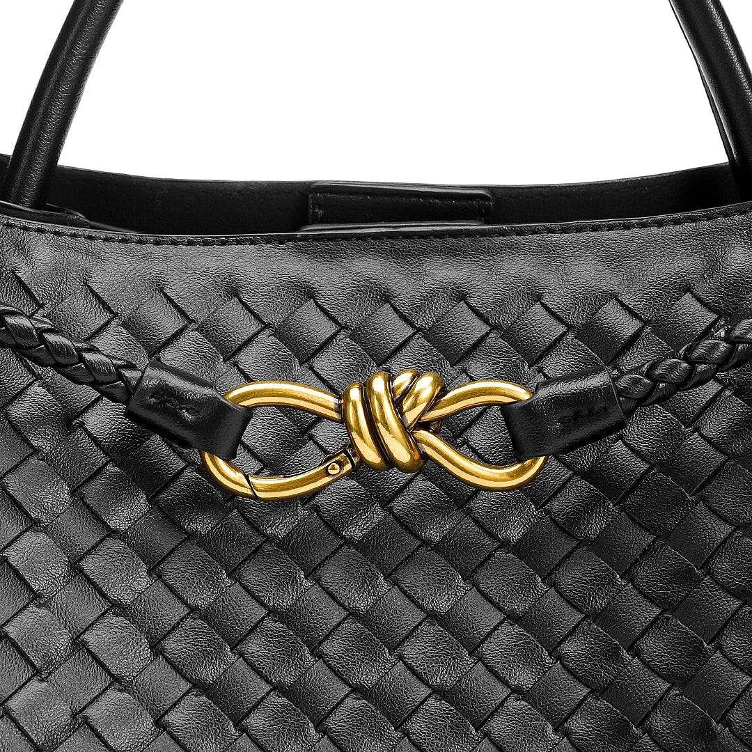 Woven Leather-Look Tote Bag | Gold Knot Detail | Structured Everyday Handbag