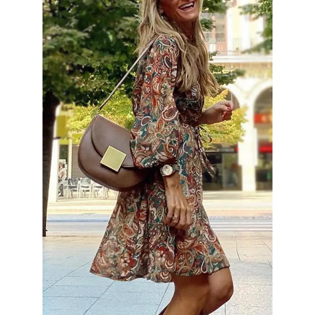 Women's Paisley Print Mini Dress | Flowy Long Sleeve V-Neck | Casual Boho Fall Outfit