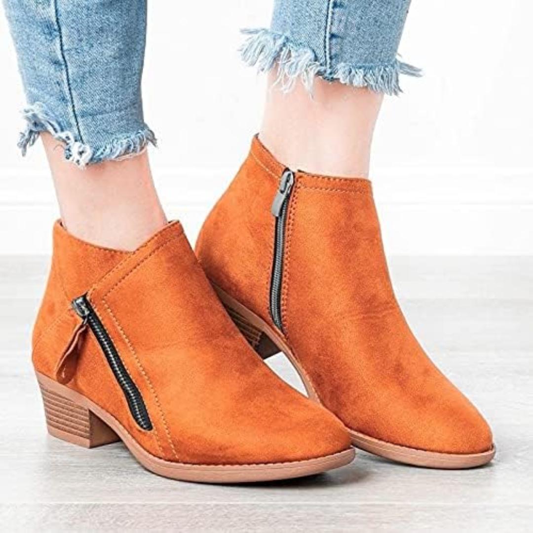 Suede Ankle Booties | Low Block Heel | Side Zip Casual Boots