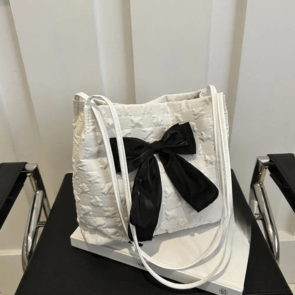 Textured Fabric Shoulder Bag | Oversized Bow Accent | Lightweight Casual Tote