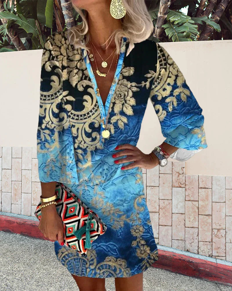 Women's Printed Tunic Dress | 3/4 Sleeve V-Neck | Casual Beach Cover-Up Dress