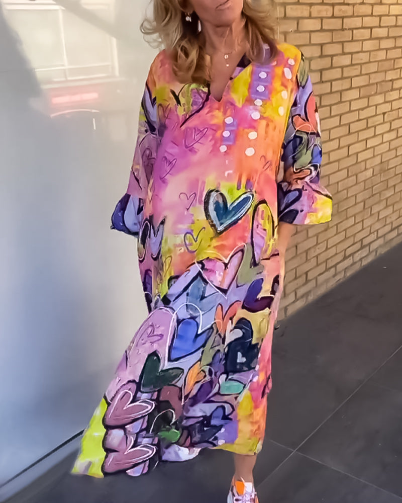 Abstract Heart Print Midi Dress | Long Sleeve Oversized Fit | Artistic Casual Statement Look