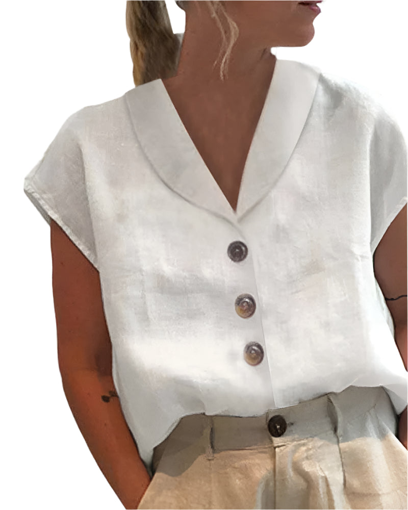 Linen Button-Front Blouse | Shawl Collar Sleeveless Top | Lightweight Summer Essential