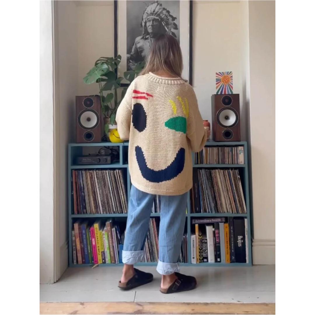 Oversized Knit Sweater | Abstract Face Embroidery | Art-Inspired Statement Pullover